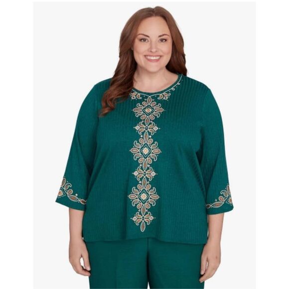 NWT Alfred Dunner Woman Top 3X Emerald Isle Green Center Medallion Embroidery - Picture 15 of 16